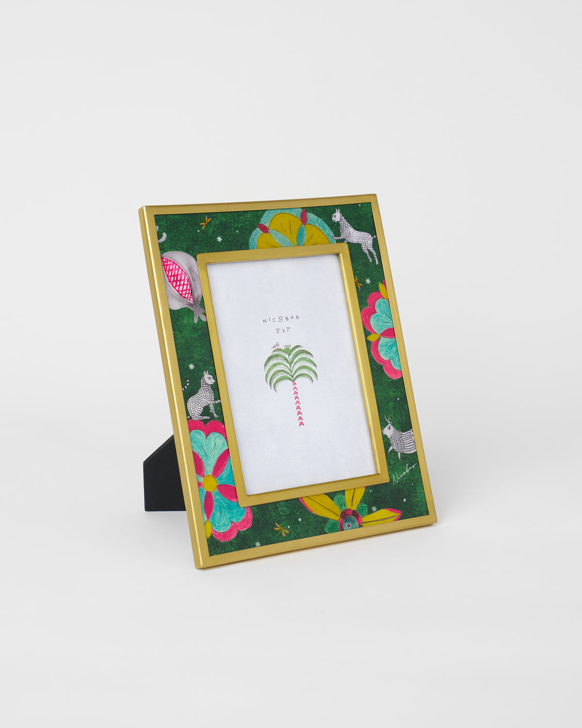 Gold Anara photo frame with a green border of flowers and animals.