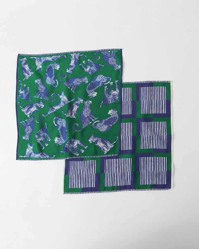 Blue and green Baagh Pocket Square showing panther and check sides.