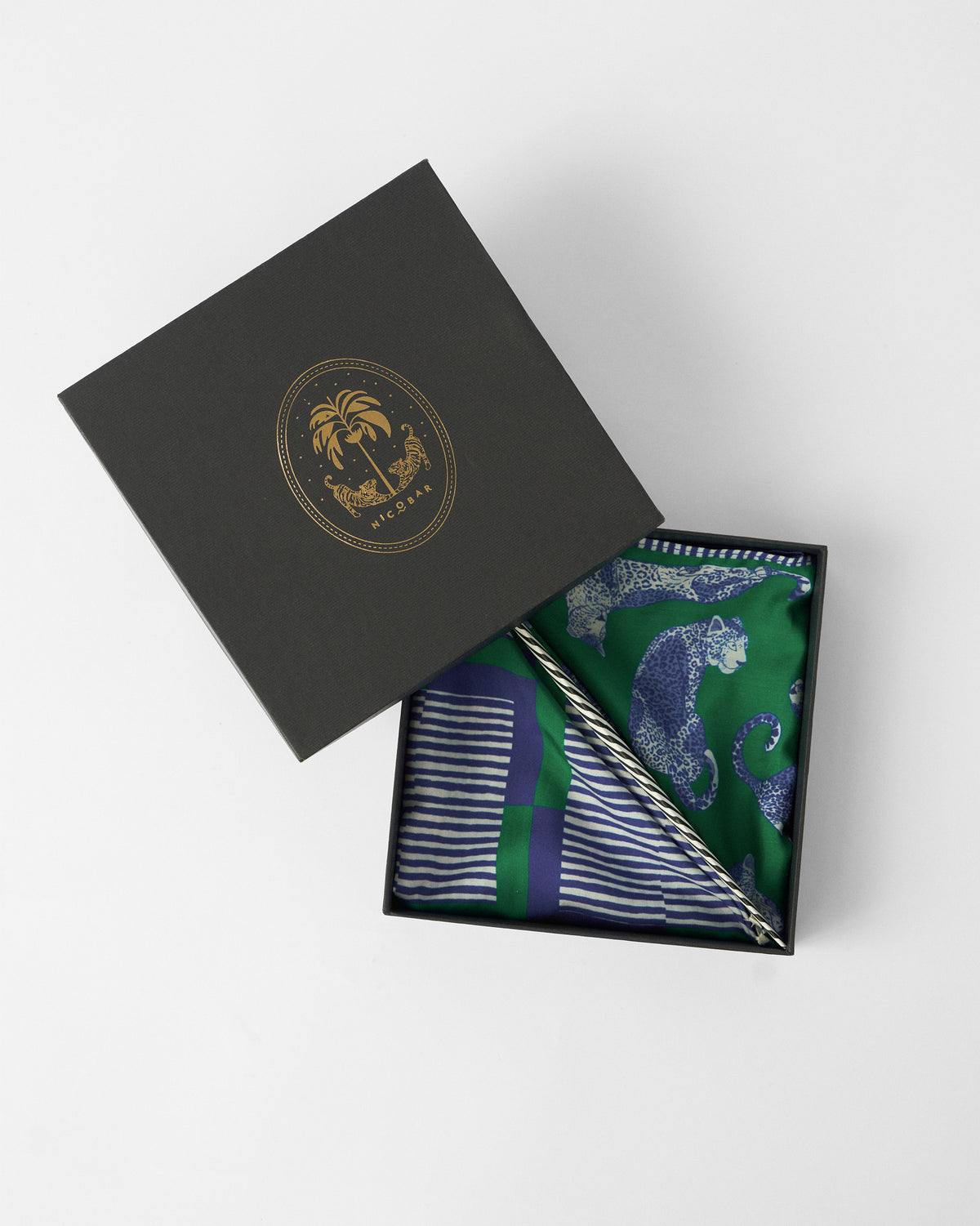 Baagh Pocket Square in a black Nicobar gift box.
