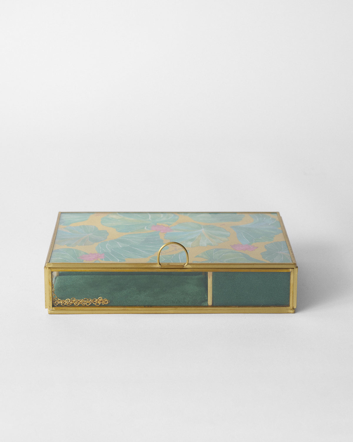 Closed Lilly pond jewellery box with a lily pad lid.