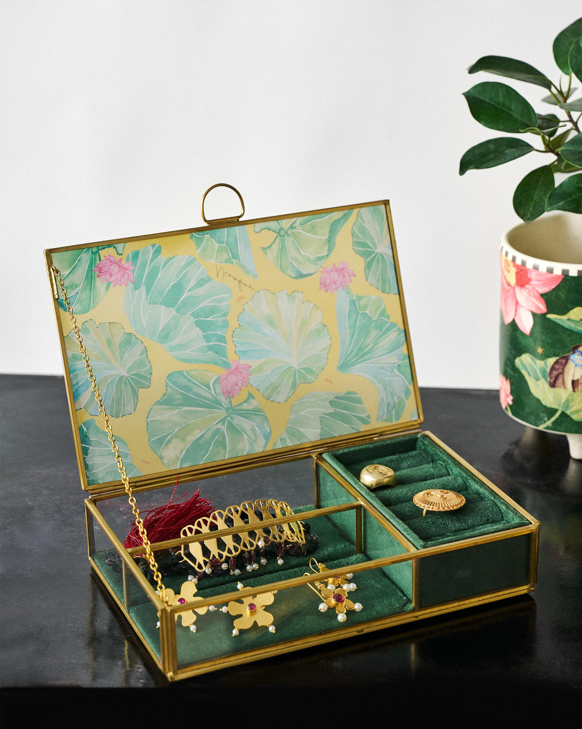 Open Lilly pond jewellery box styled with jewellery.