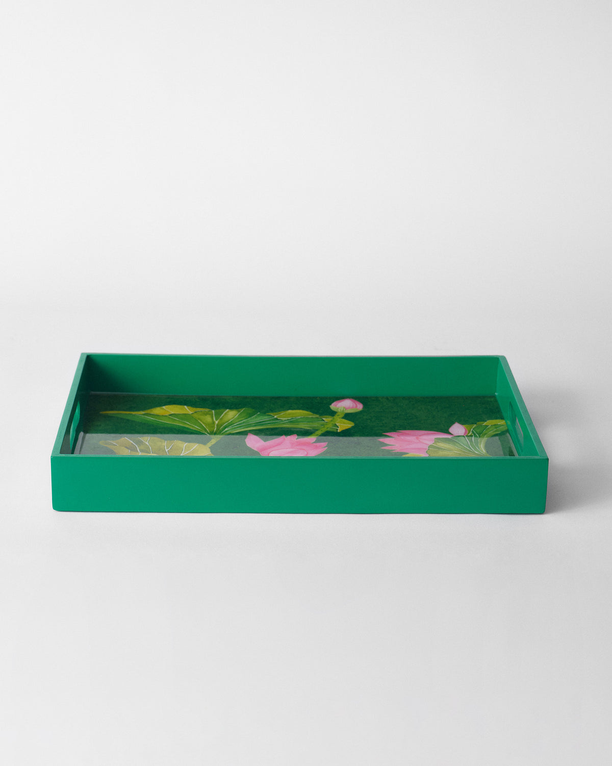 Emerald green Lotus rectangular tray with pink lotuses and leaves.