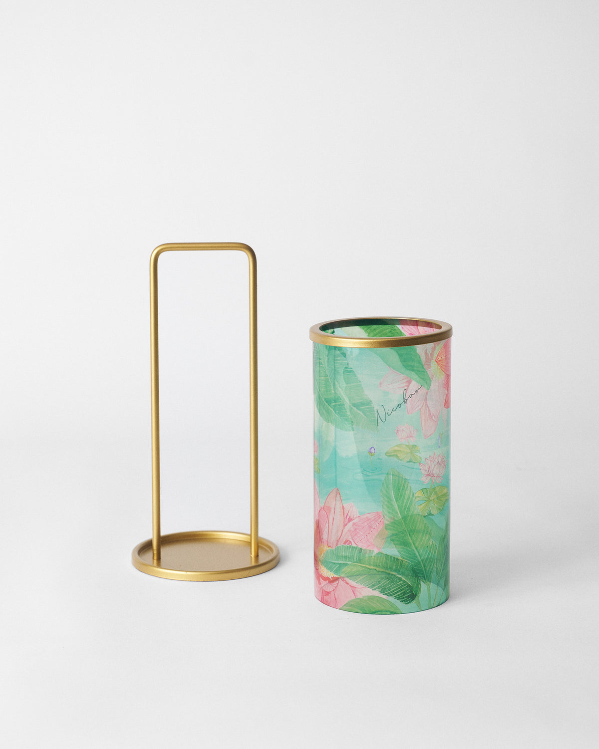 Lotus Pond lantern shade beside its brass handle stand.