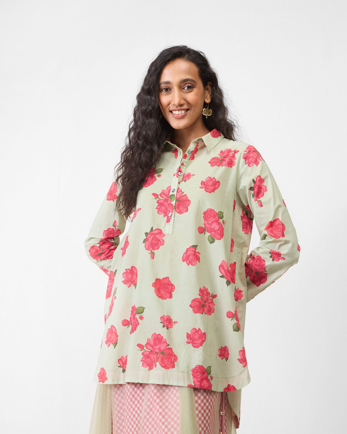 Mint High Low Shirt with a rosy chintz print and button placket.