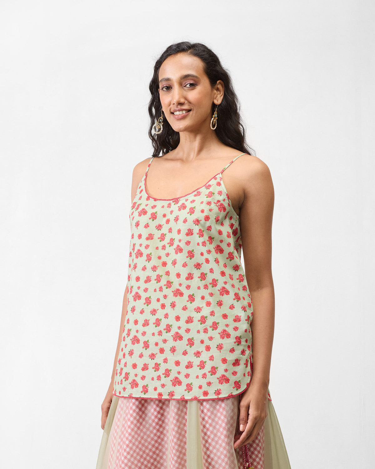 Mint floral slip from the Jaisalmer shirt set with red piping and rose print.