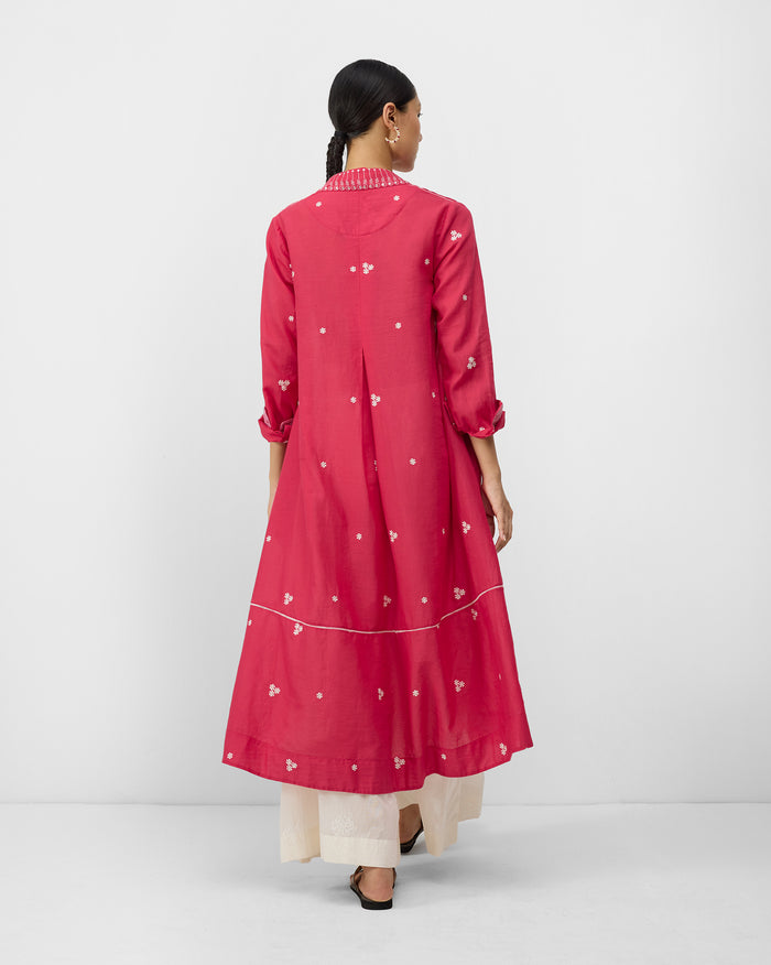 Banko V-Neck Kurta - Watermelon & Ivory Embroidered