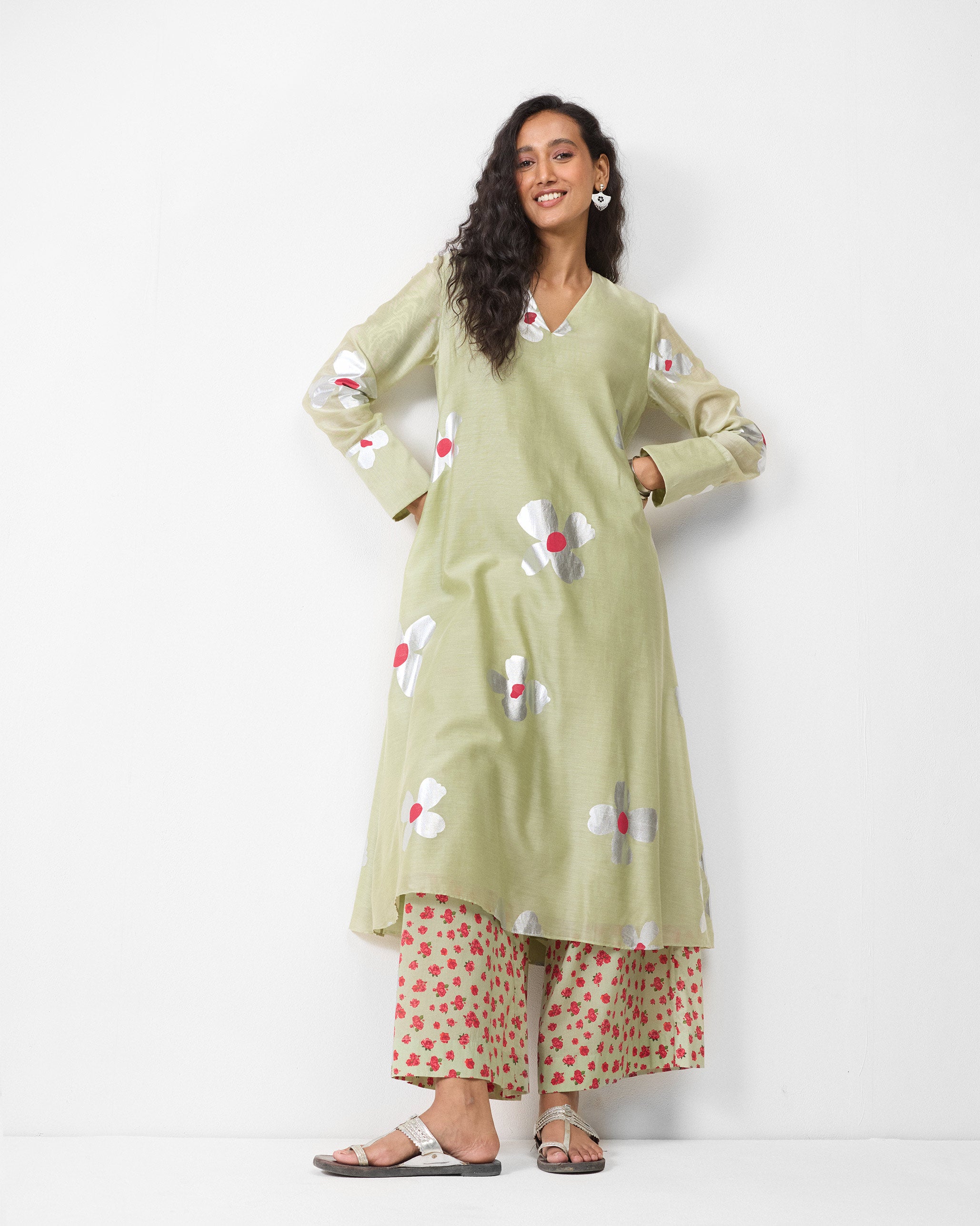 V-Neck Flared Kurta - Mint & Silver Print