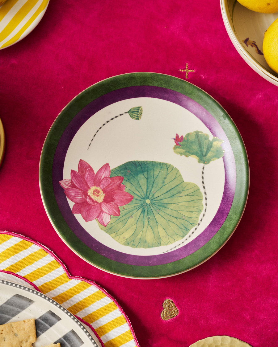 The Lotus Garden quarter plate on a bright pink cloth