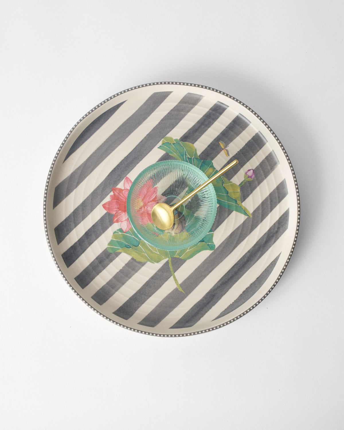 Overhead view of the Lily Pond platter with lotus center and dip bowl.