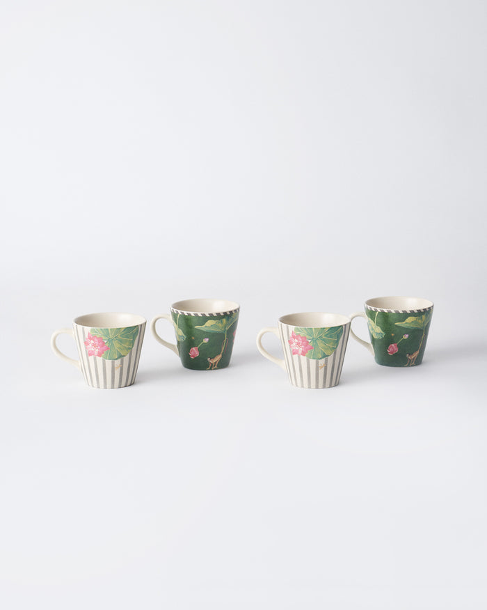 Set of four Float espresso mugs with lotus, lily pad, and monkey prints.
