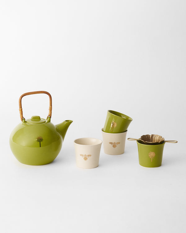 The teapot, cups and strainer set out