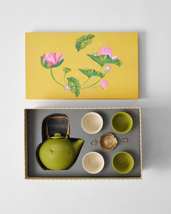 The open box from above, teapot, cups and strainer in their places