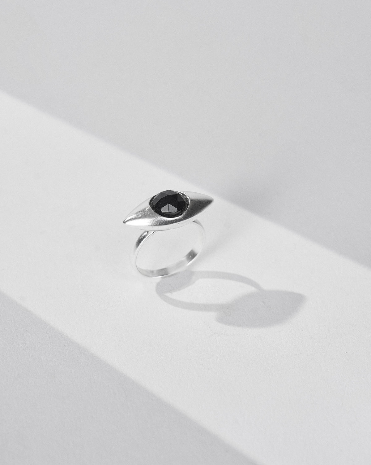 Silver All Seeing Ring with an eye-shaped setting and black onyx.