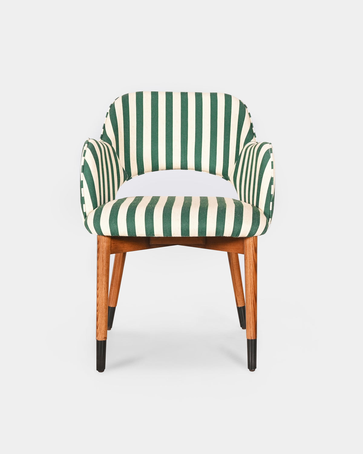 Front of the Rhythm dining chair in green and cream stripes.