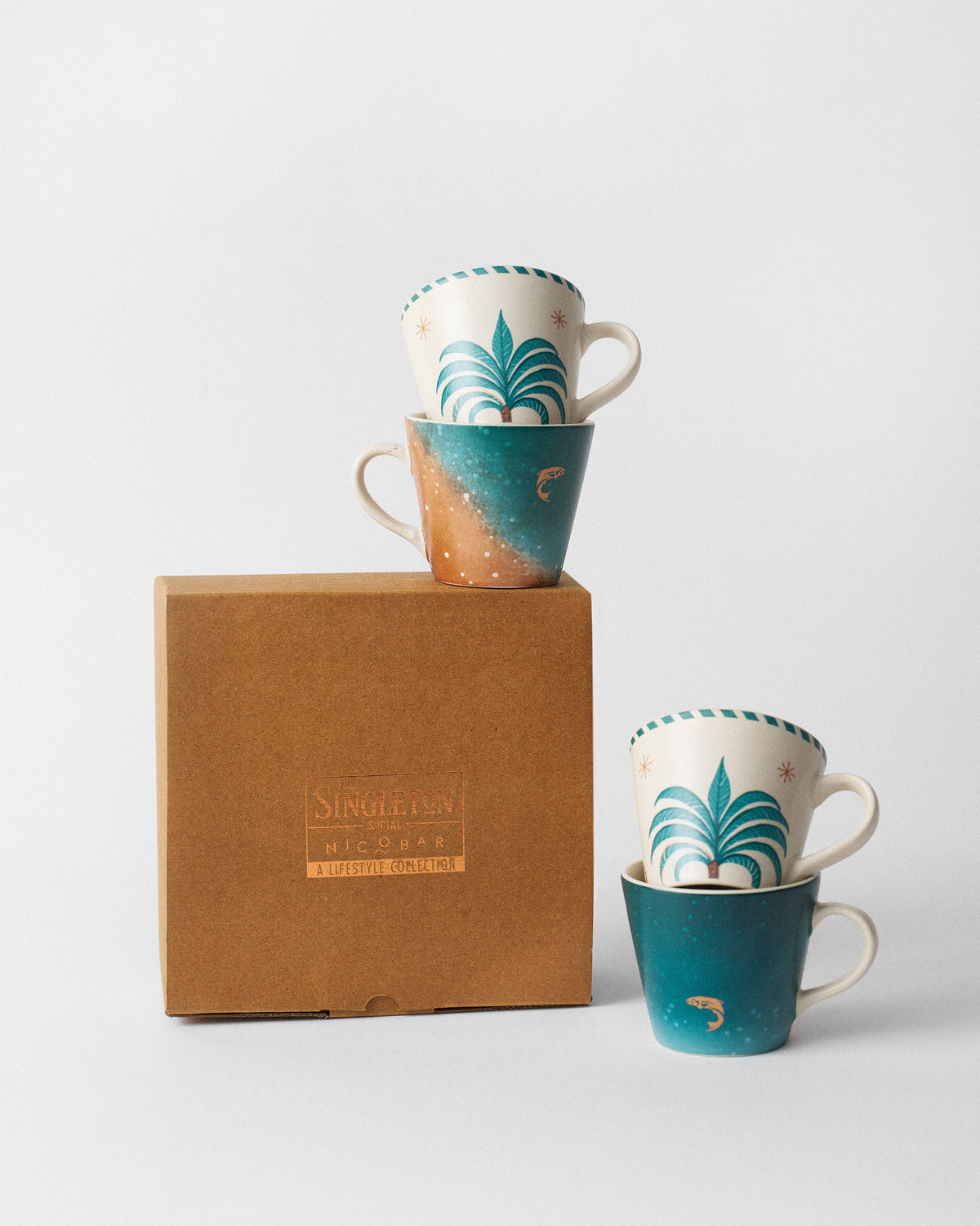 Aluna Espresso Mug set beside a Singleton x Nicobar gift box.