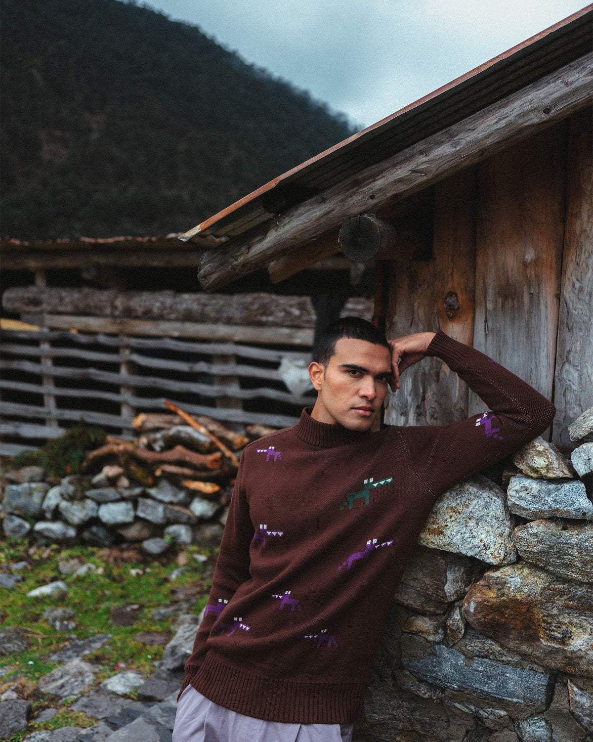 Person wearing a brown crew neck sweater with pixel animal motifs.