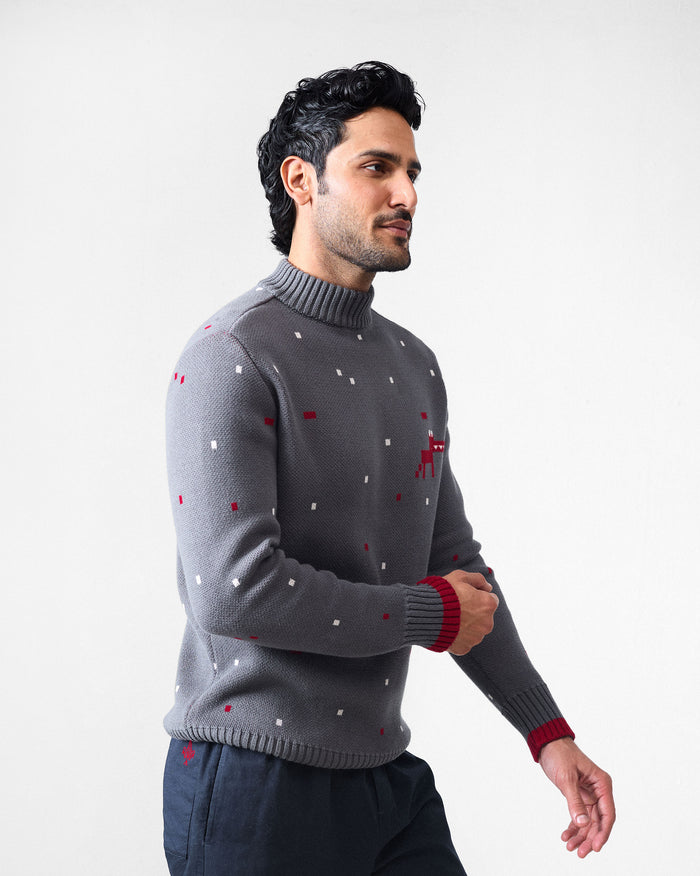 Crew Neck Sweater - Charcoal & Red