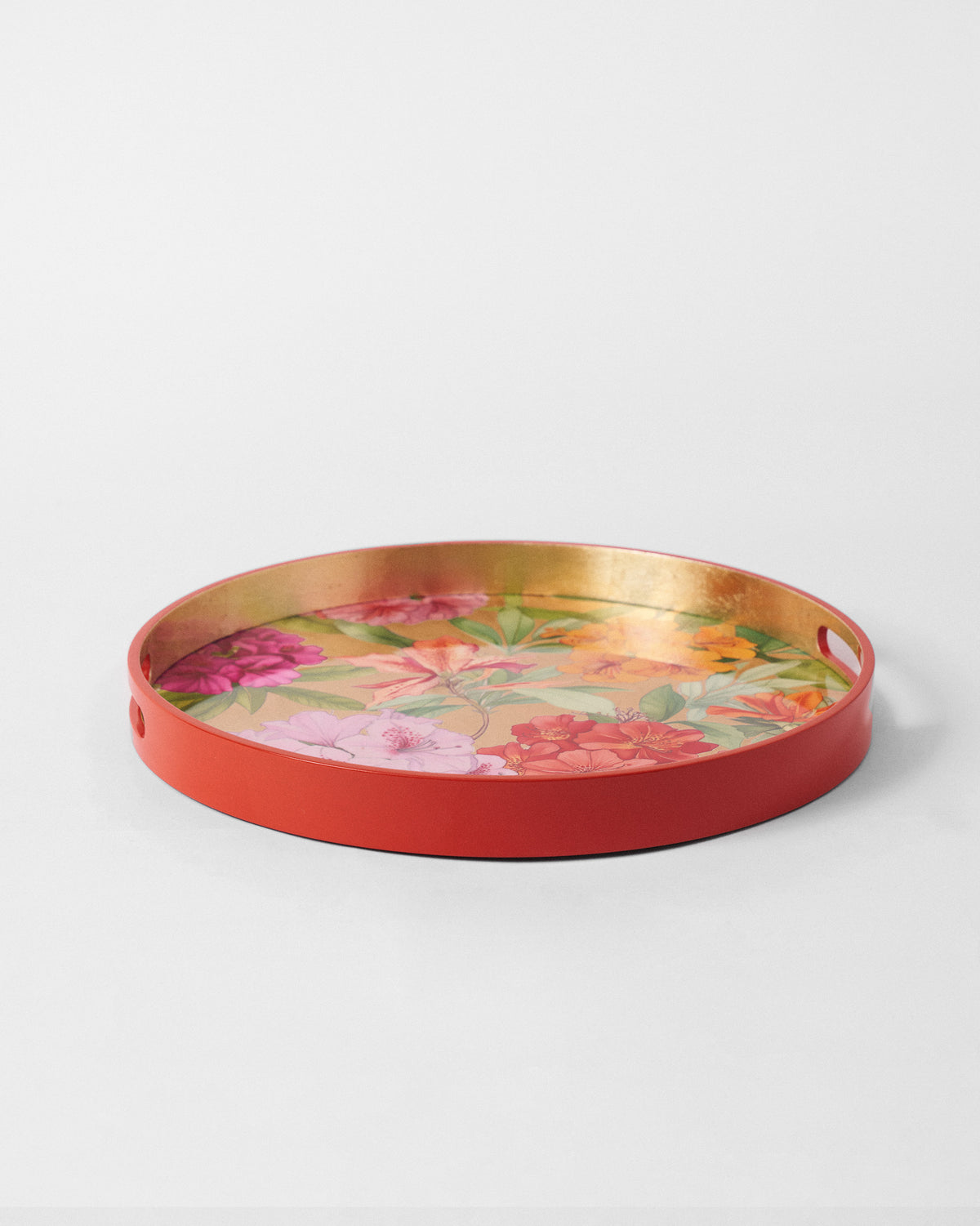 Round red Blooming Flower tray with cutout handles and gold inner rim.