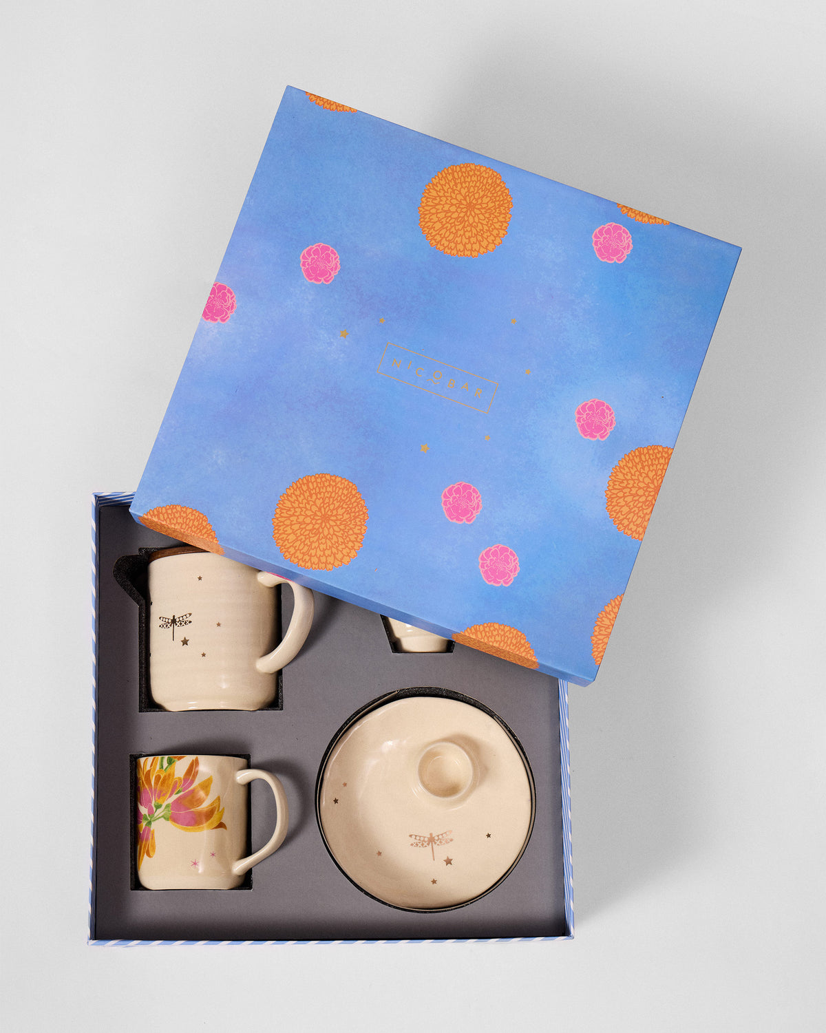Top view of the Aaranya breakfast set packed in its blue floral gift box.