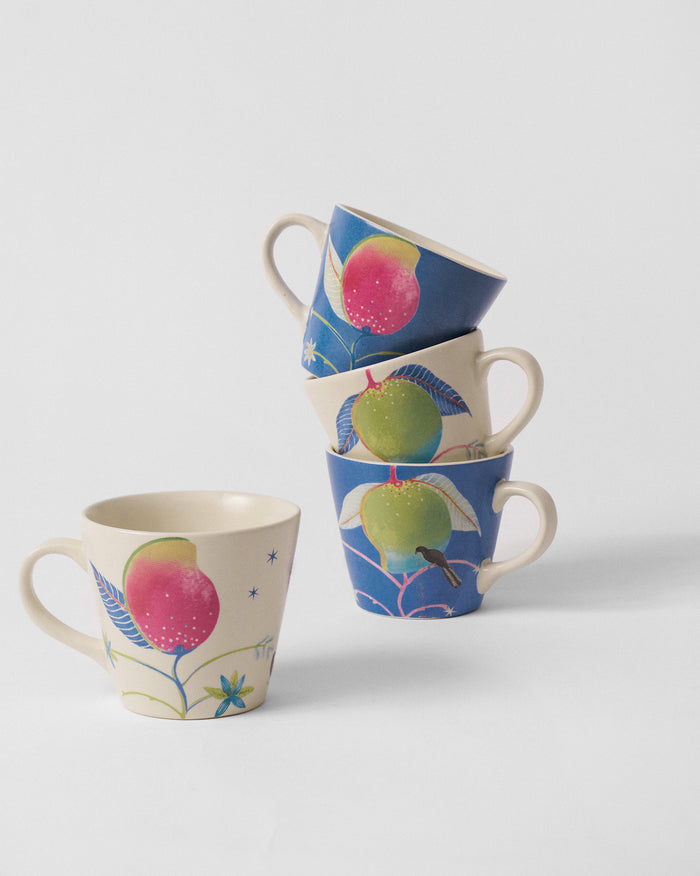 Ambi Espresso Mugs with mango prints in cream and blue.