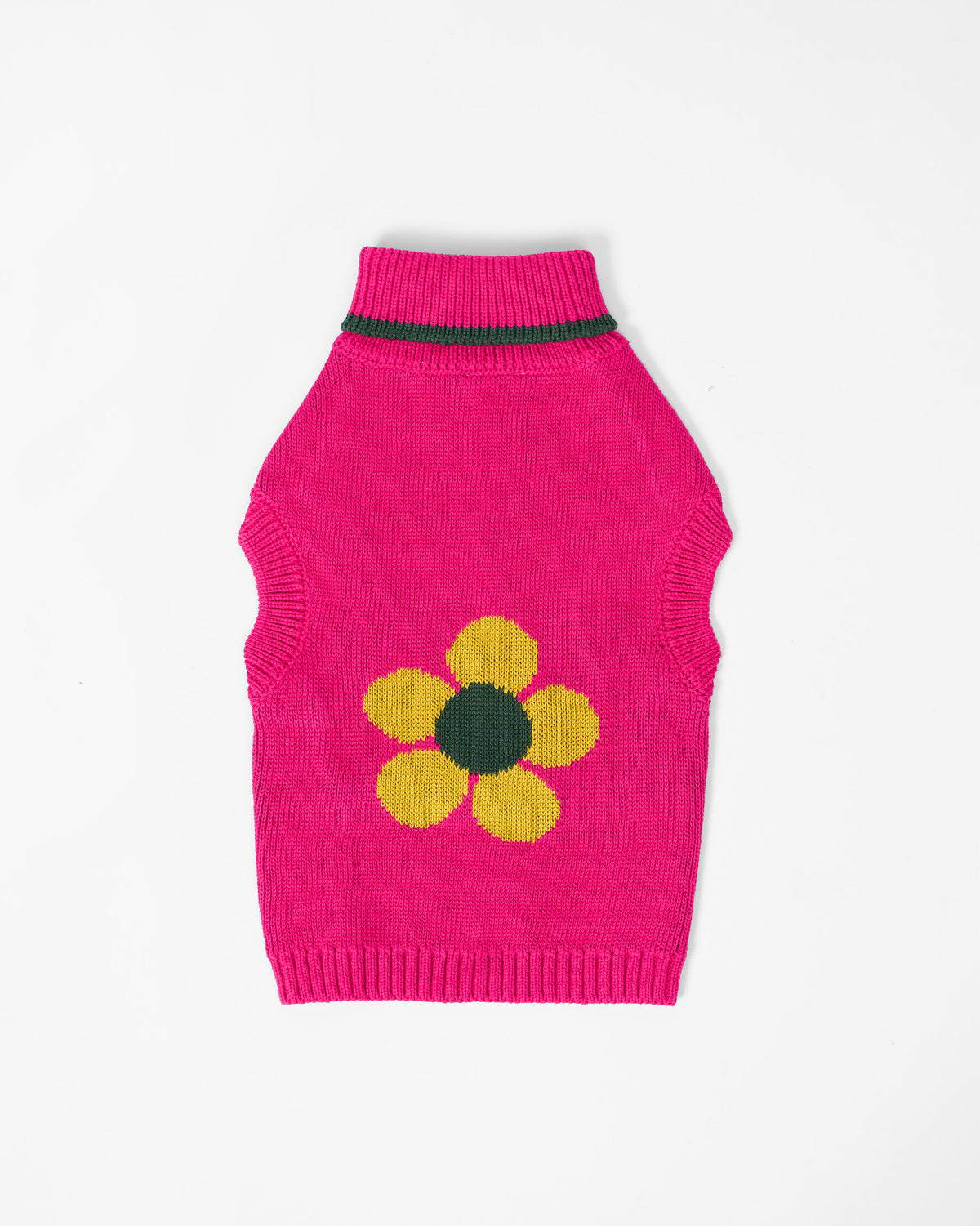 Fuchsia Bark Bloom dog sweater with a large yellow flower on the back.
