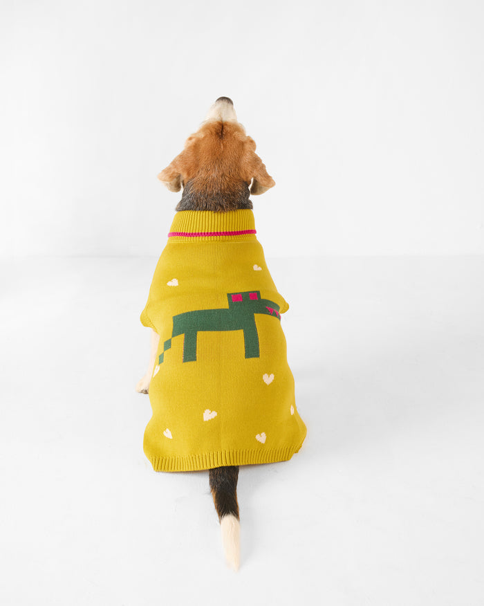 Back of a chartreuse Jurassic Bark dog sweater with a green dino graphic.