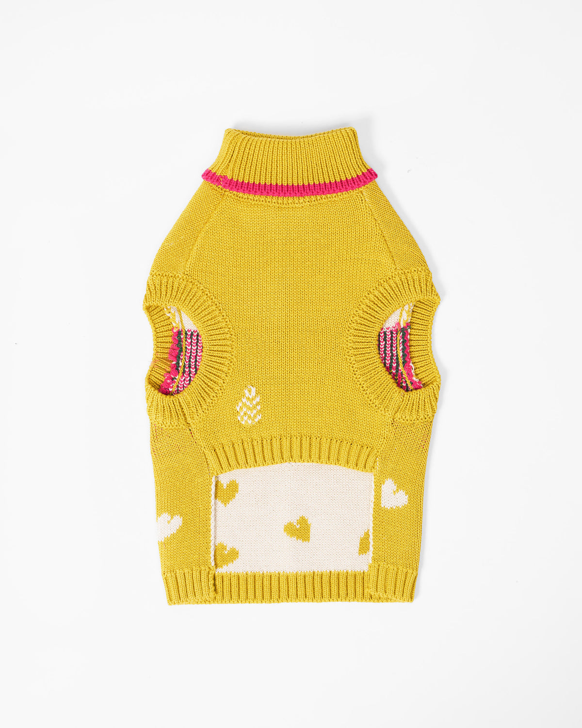 Back of a chartreuse Jurassic Bark dog sweater showing the striped lining.
