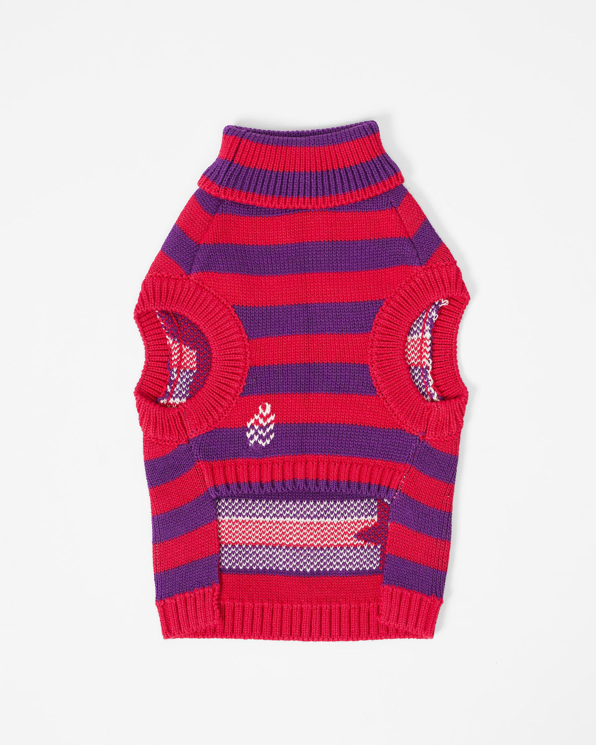 Back of a red and purple Cosmic Canine dog sweater laid flat.