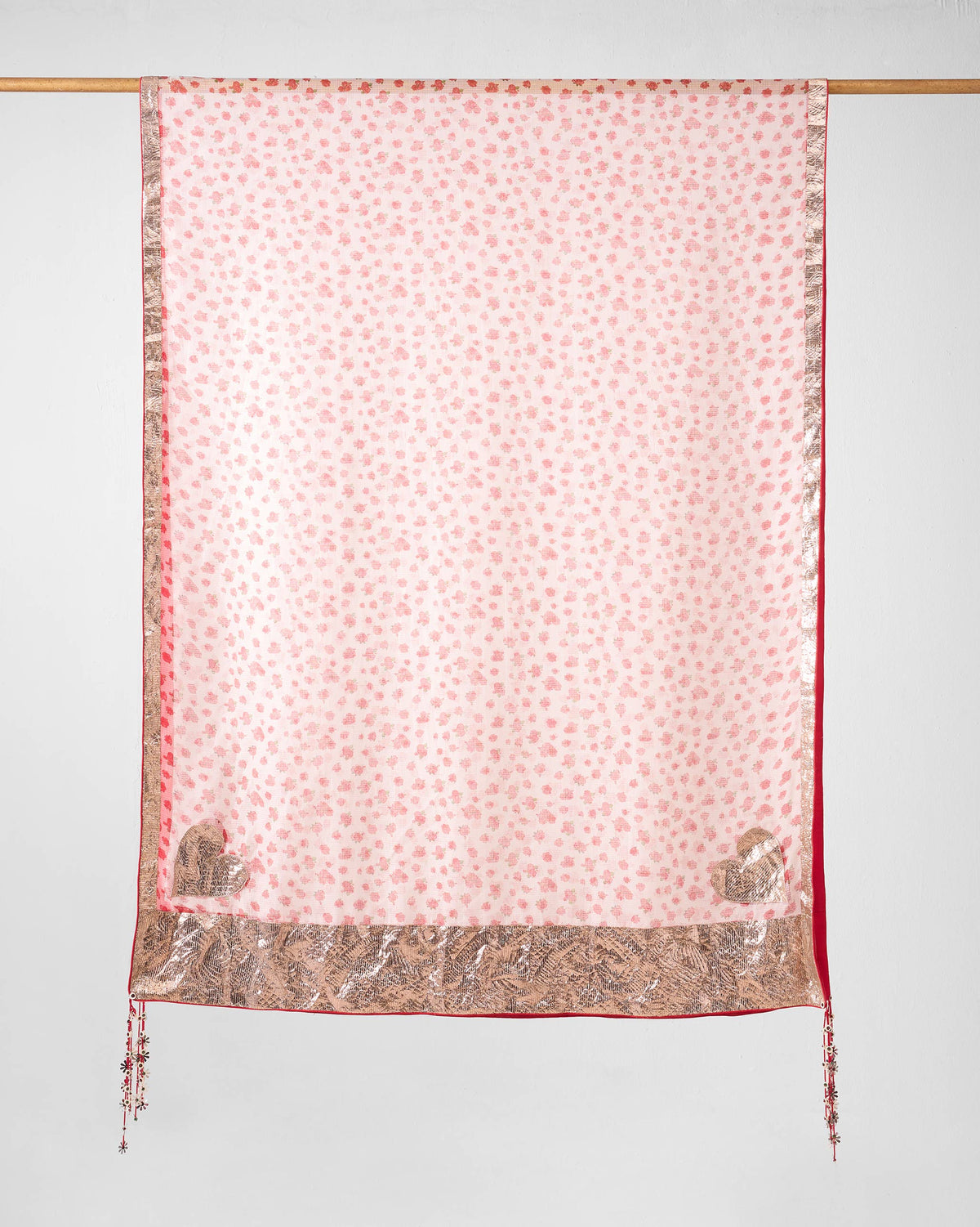 Red and ivory Lehar dupatta with heart corners, gota borders, and tassels.
