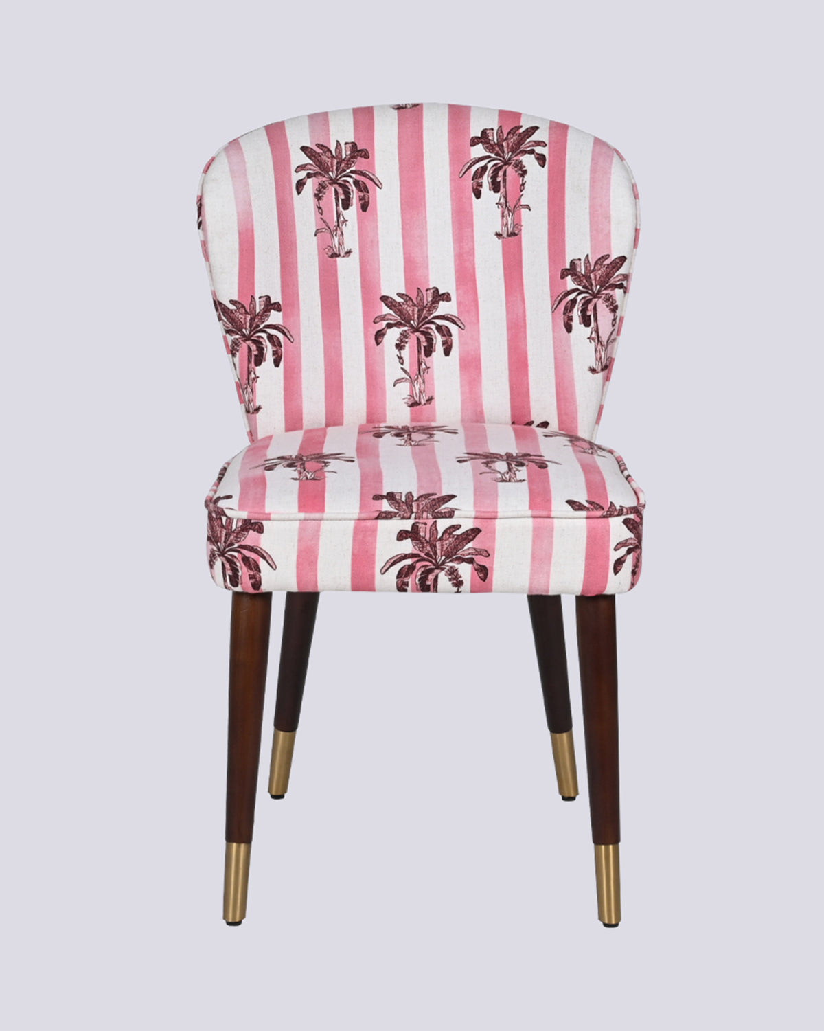 Front view of a pink striped Ripple chair with maroon palms and dark wood legs.