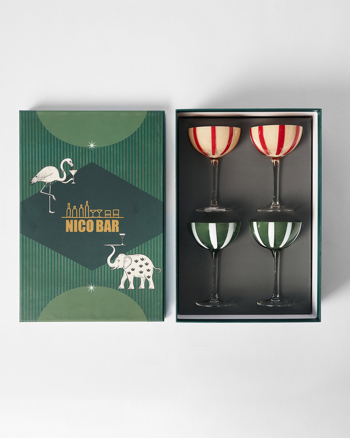 Lune cocktail glass set of four in an open green gift box.