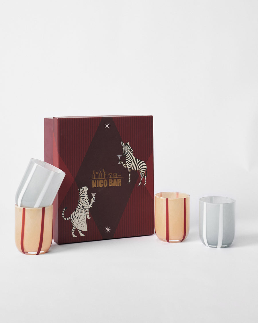 The glasses beside their gift box.