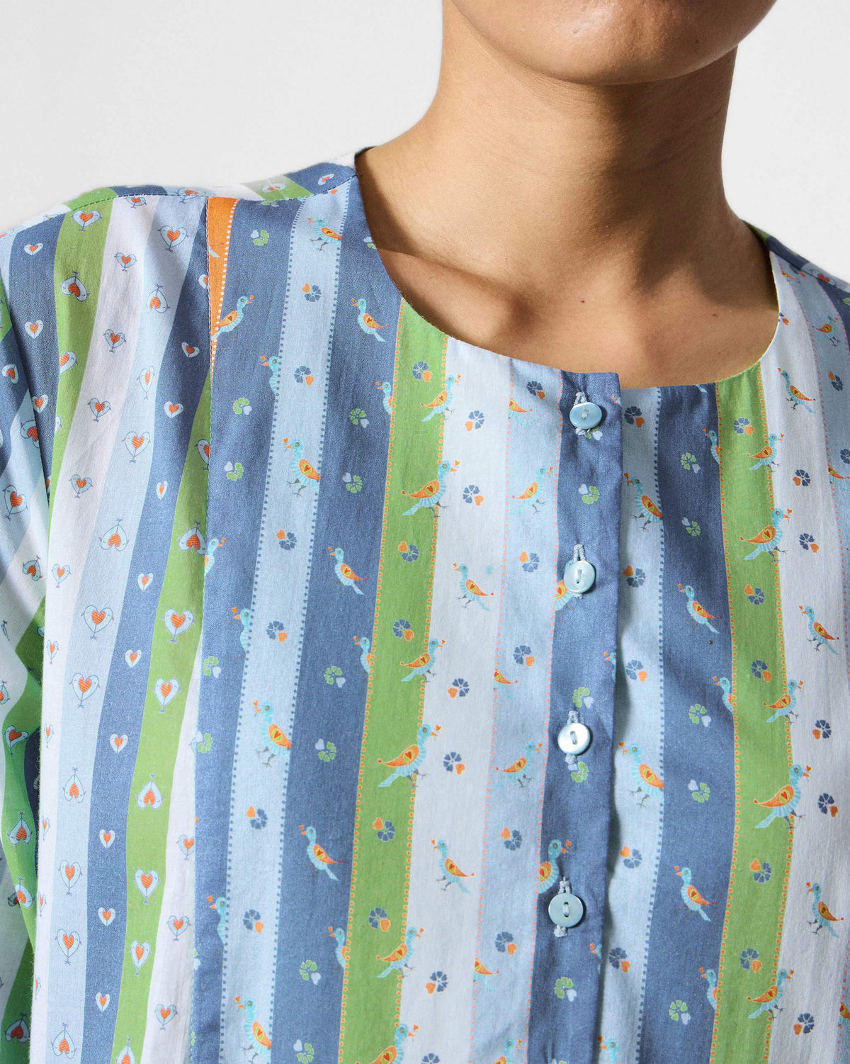 Close-up of an Imke Kurta's button placket with a small bird print.