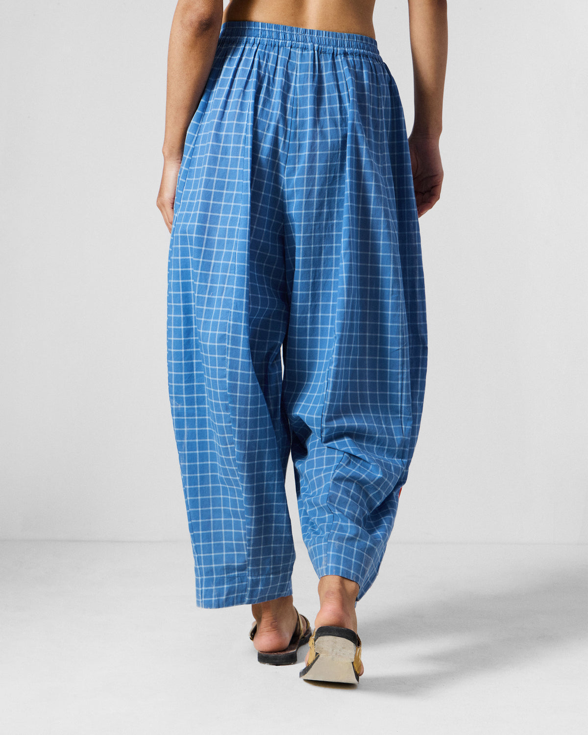 Back of riverside blue and white check Tia Pants with a gathered elastic waist.