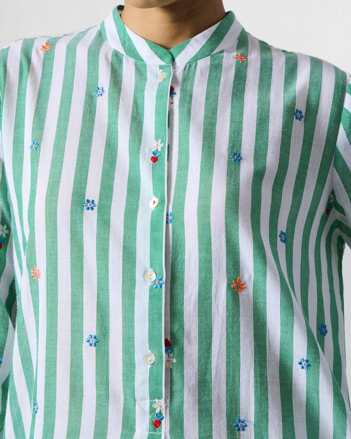 Basic Mid length Kurta - Green & White Embroidered