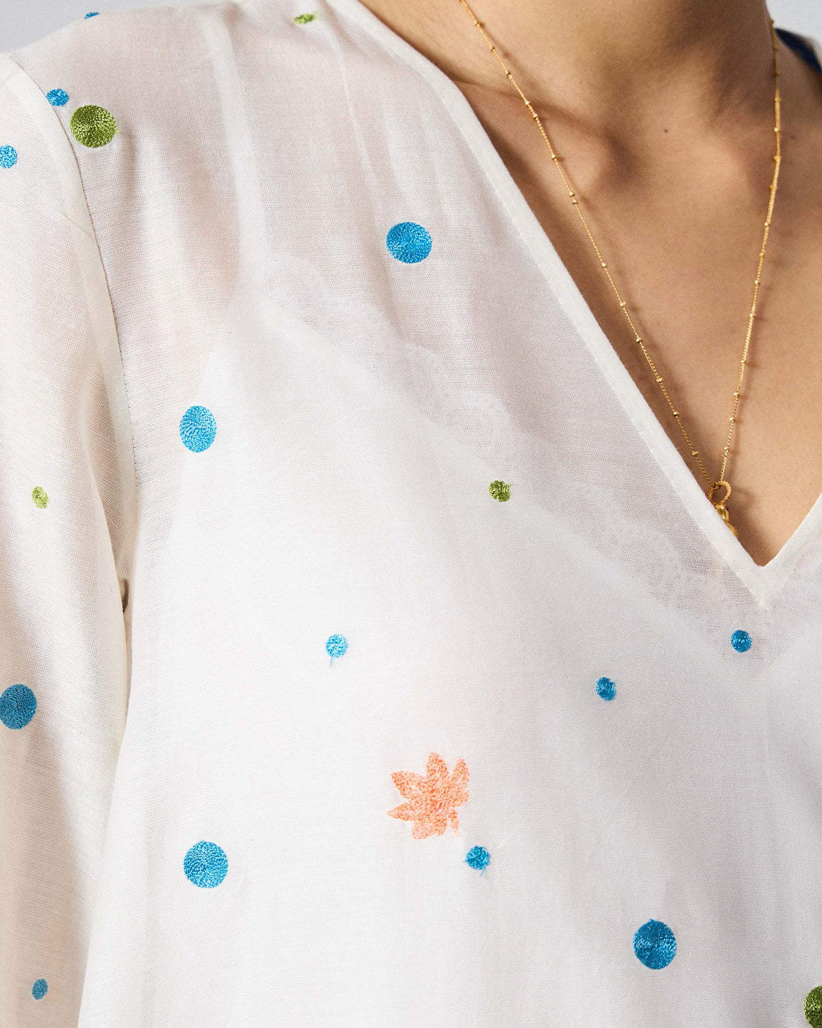Close-up of the V-neck on an ivory Meadow dress showing dot embroidery.