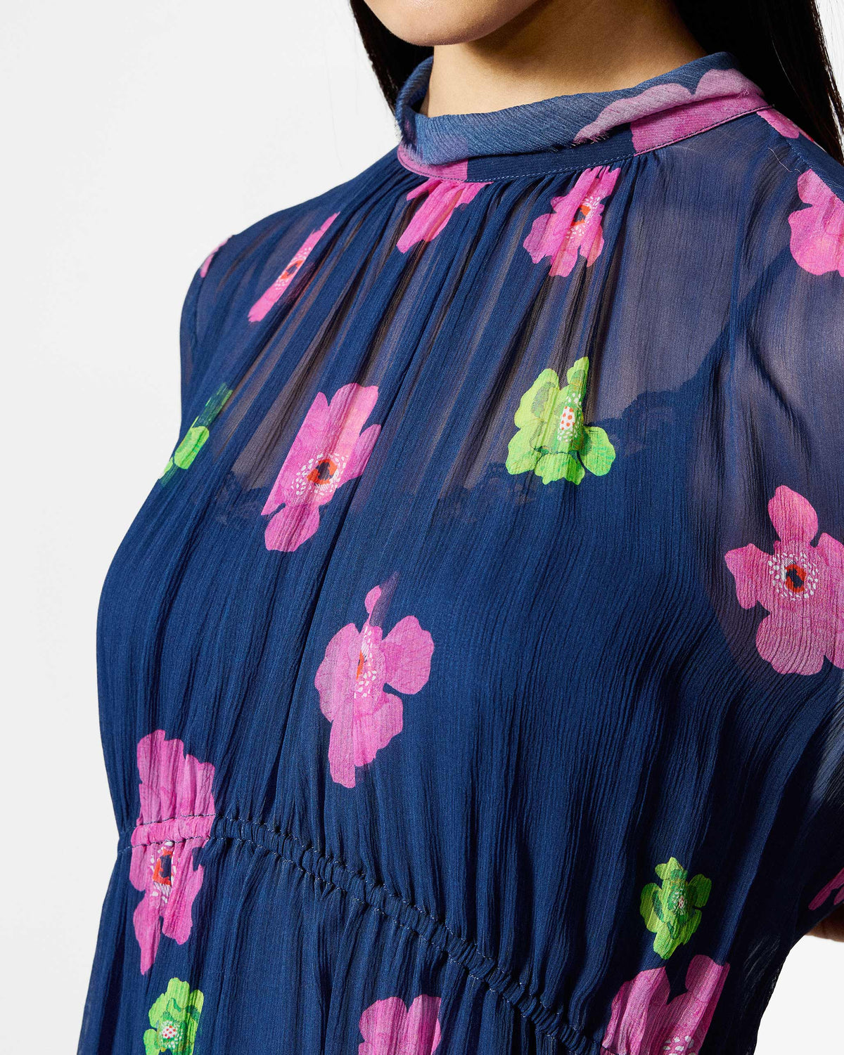 Close-up of a navy floral Raya dress with a gathered neckline.