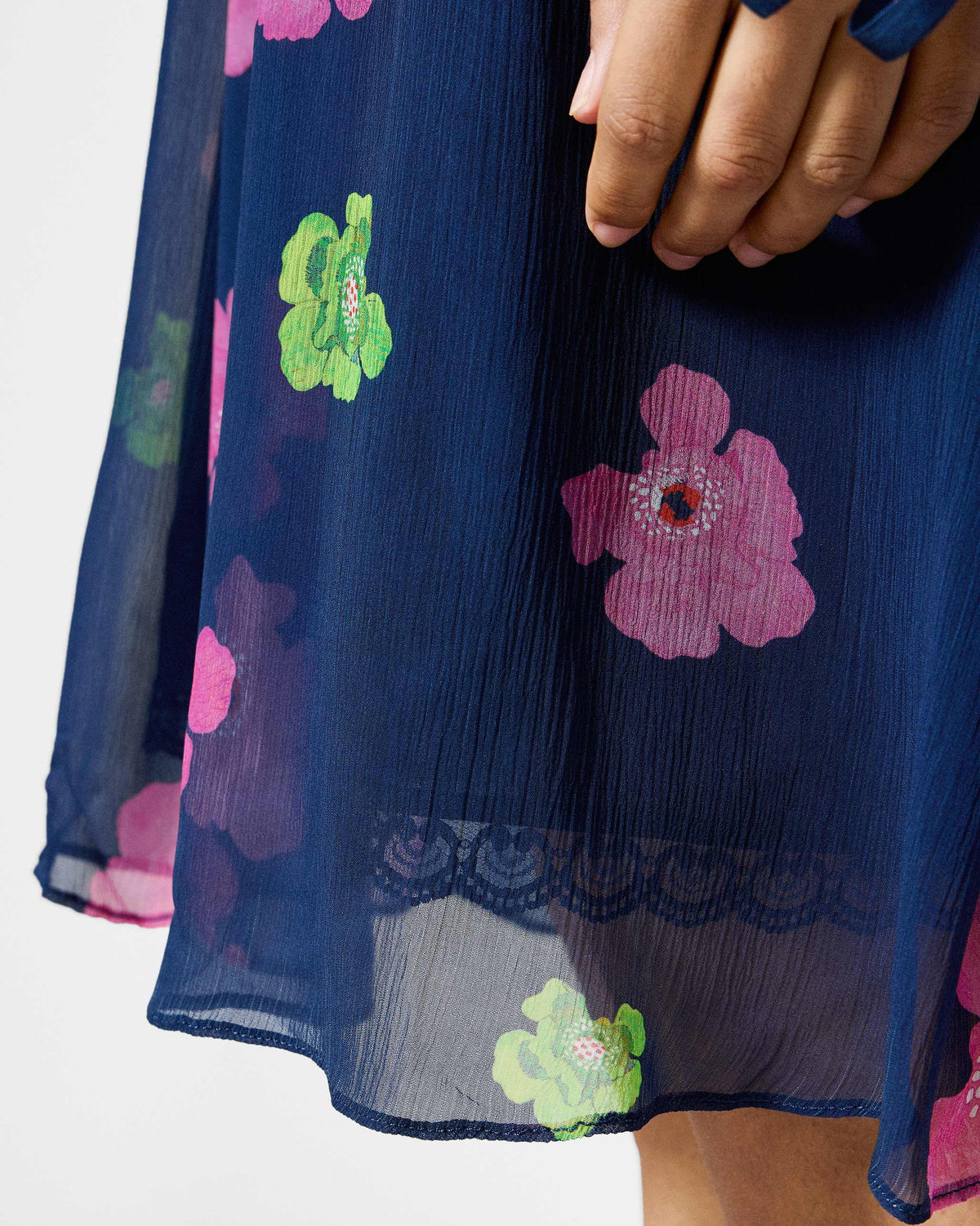 Close-up of pink florals and lace at a navy Raya dress hem.