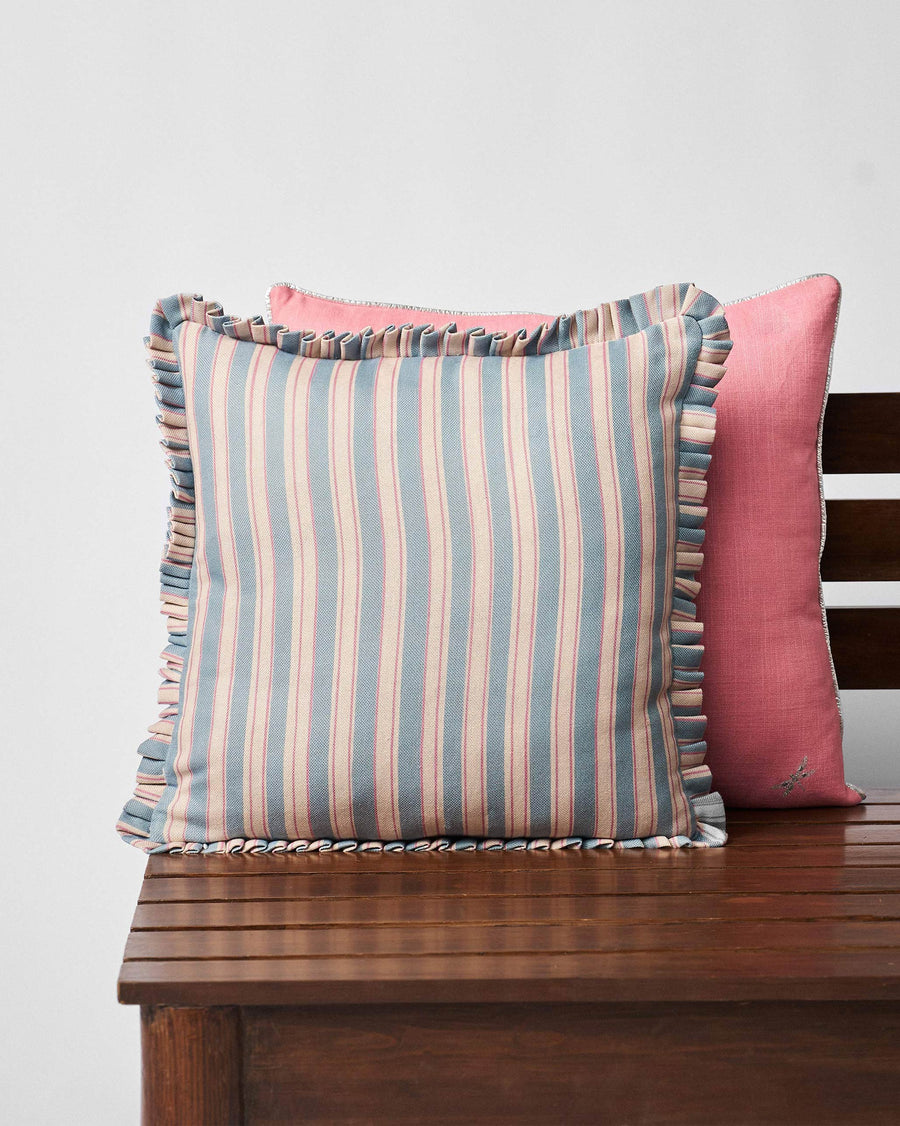 The cushion's striped reverse.