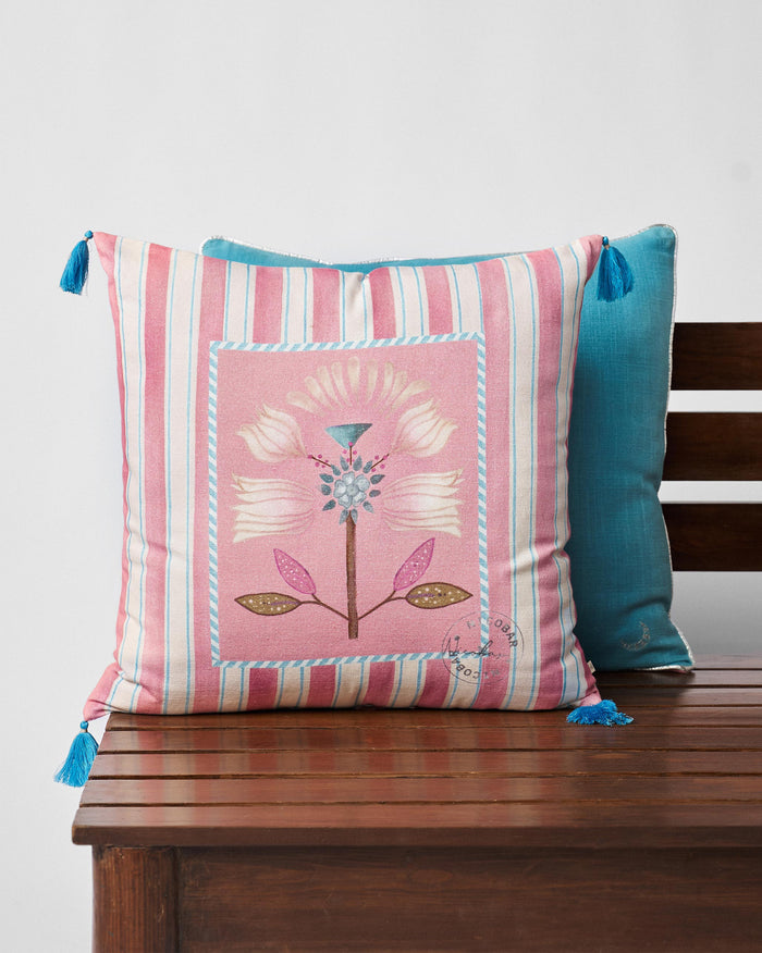 Lotus Stripes cushion cover with a pink flower motif on pink and cream stripes.