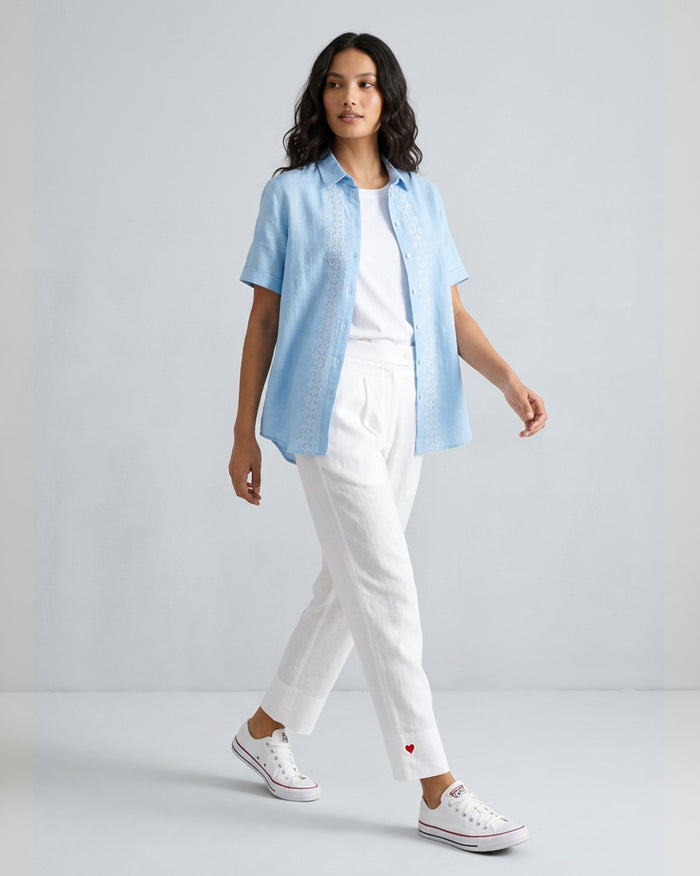 Half Sleeve Shirt - Light Blue Embroidered