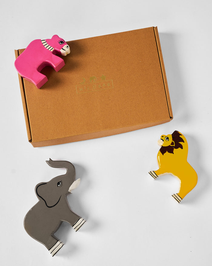Nicojungle gift set with an elephant and lion placed around a kraft box.