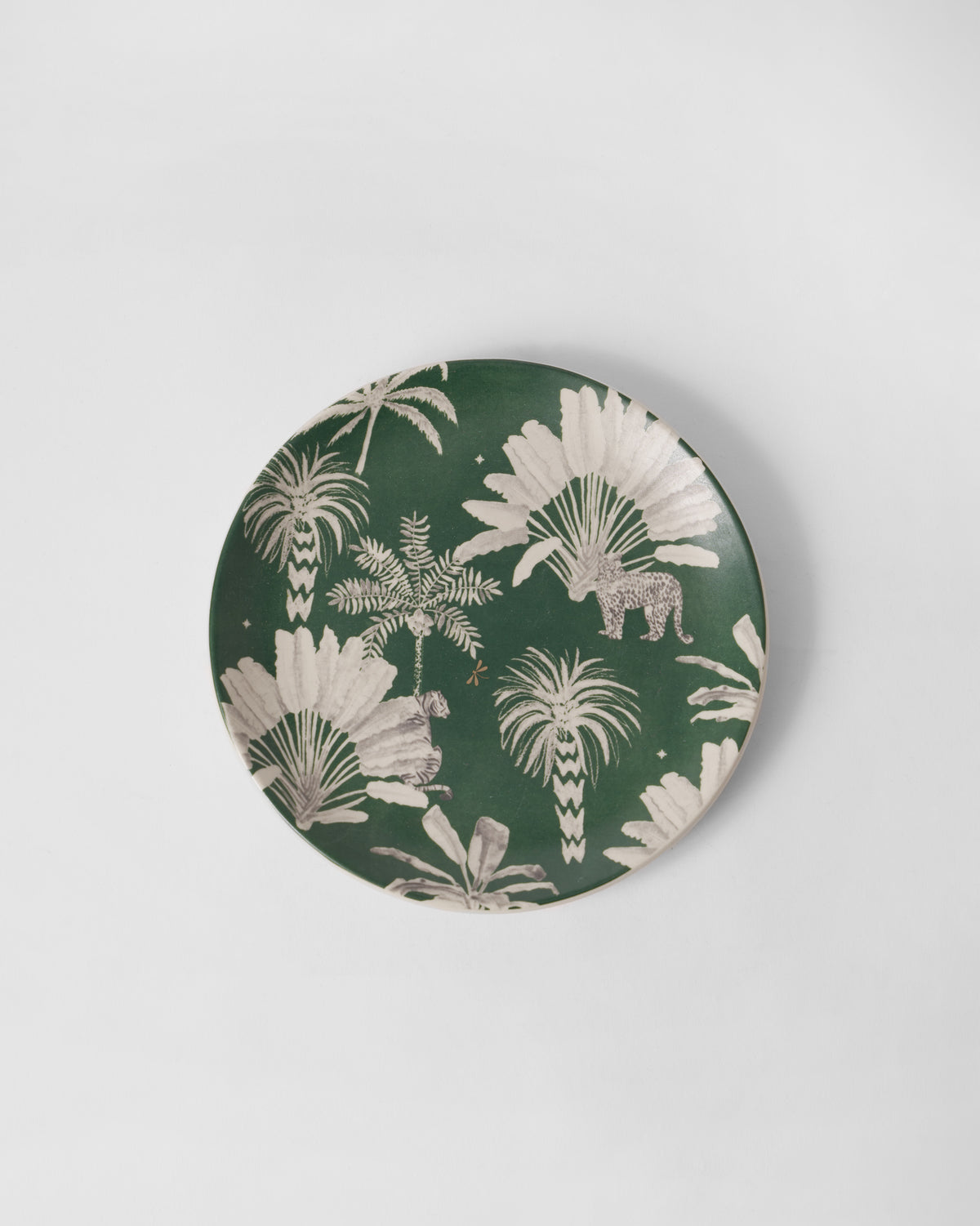 Overhead view of the Haathi Quarter Plate with its green palm print.