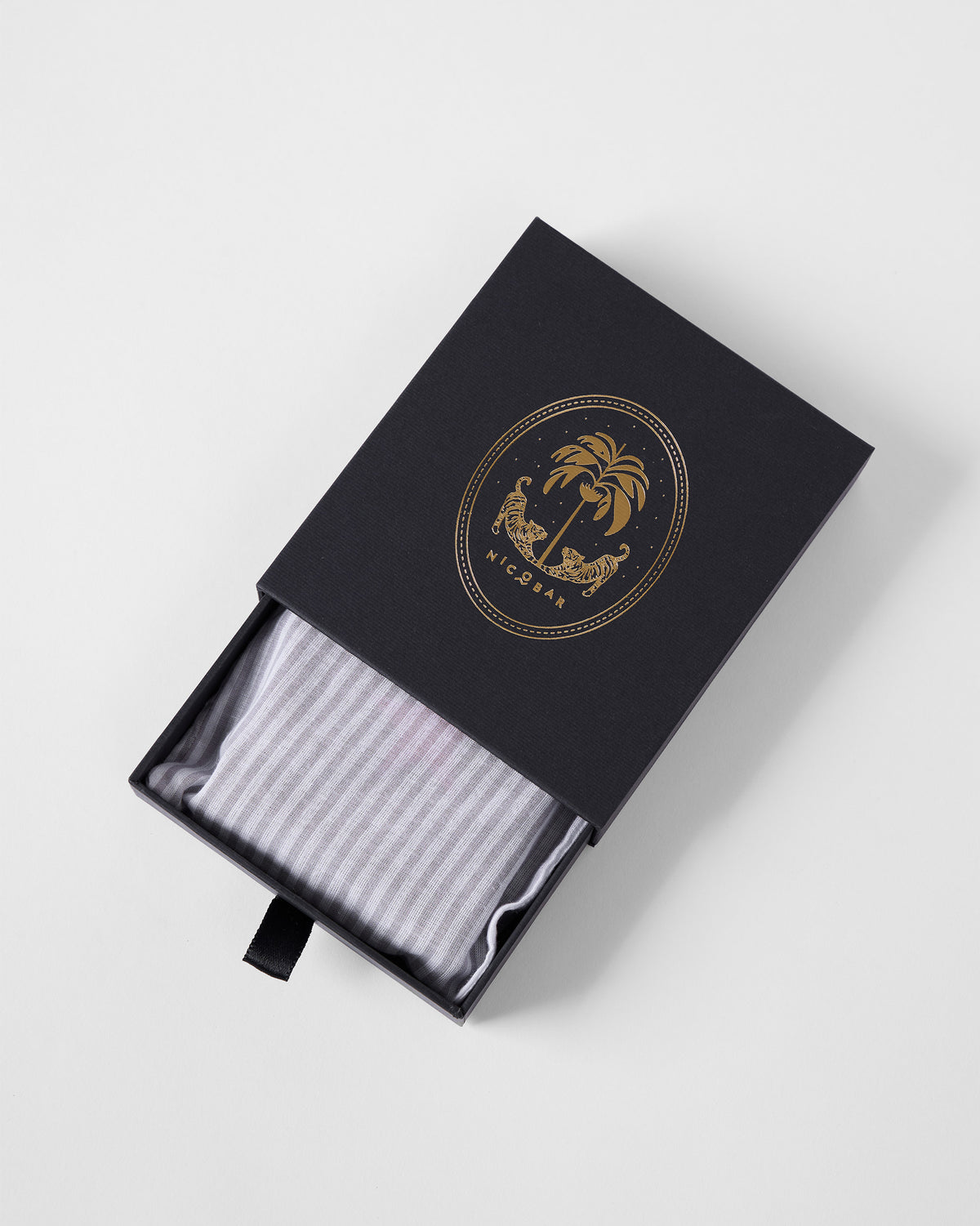 Black Nicobar gift box for the Classic Bi-Fold Wallet with drawer open.