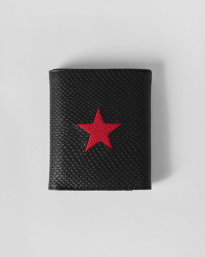 Black textured tri-fold wallet with a bright red star centred on the front.