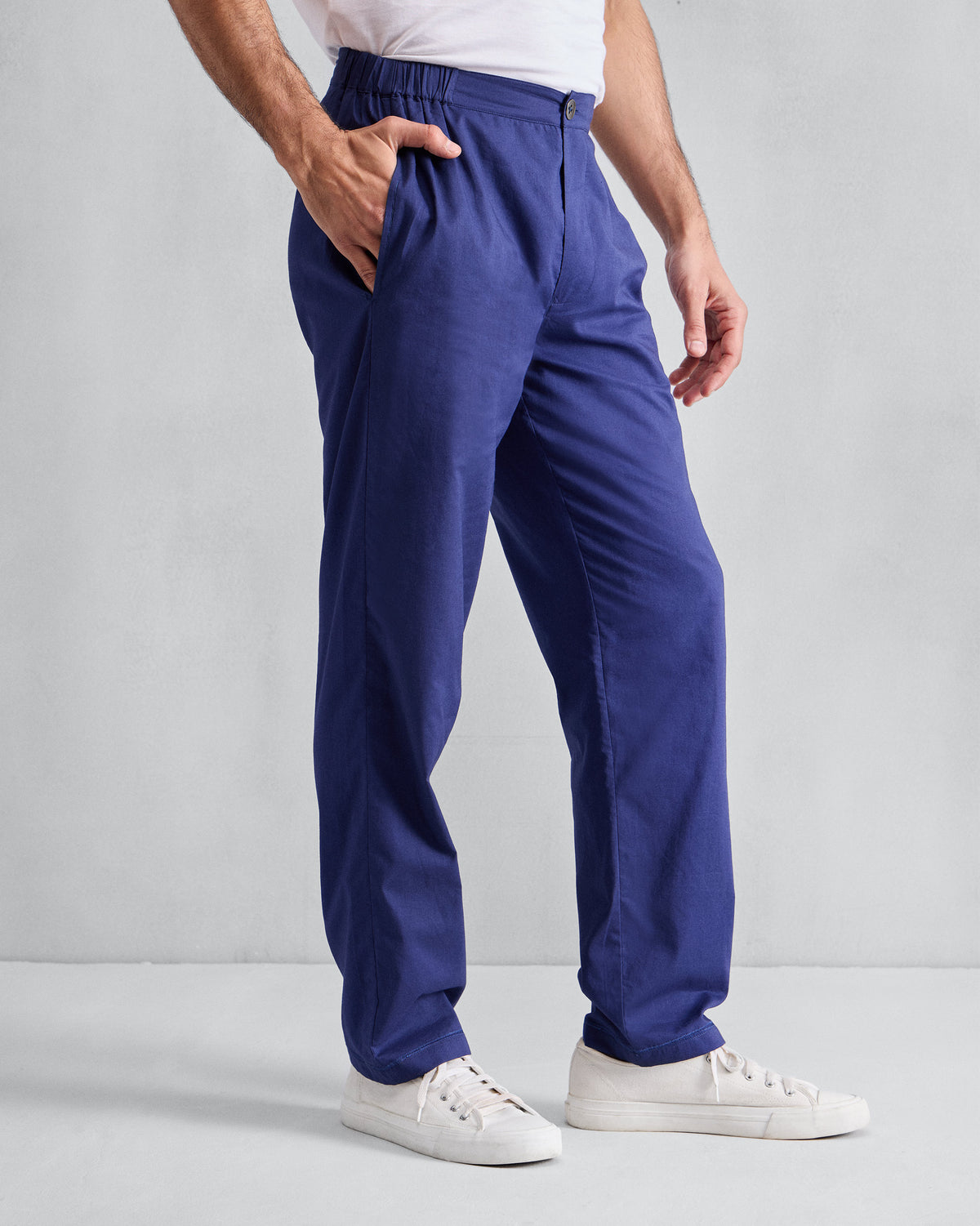 Side view of ink blue Shillong jammies with an elasticated waist.