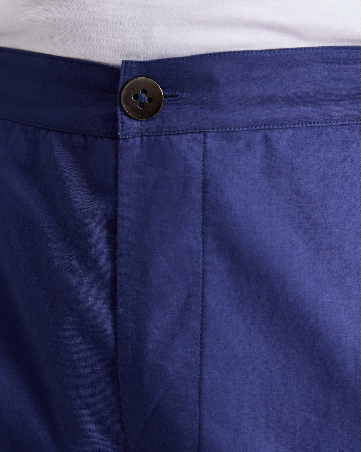 Close-up of ink blue Shillong jammies showing the button waistband.