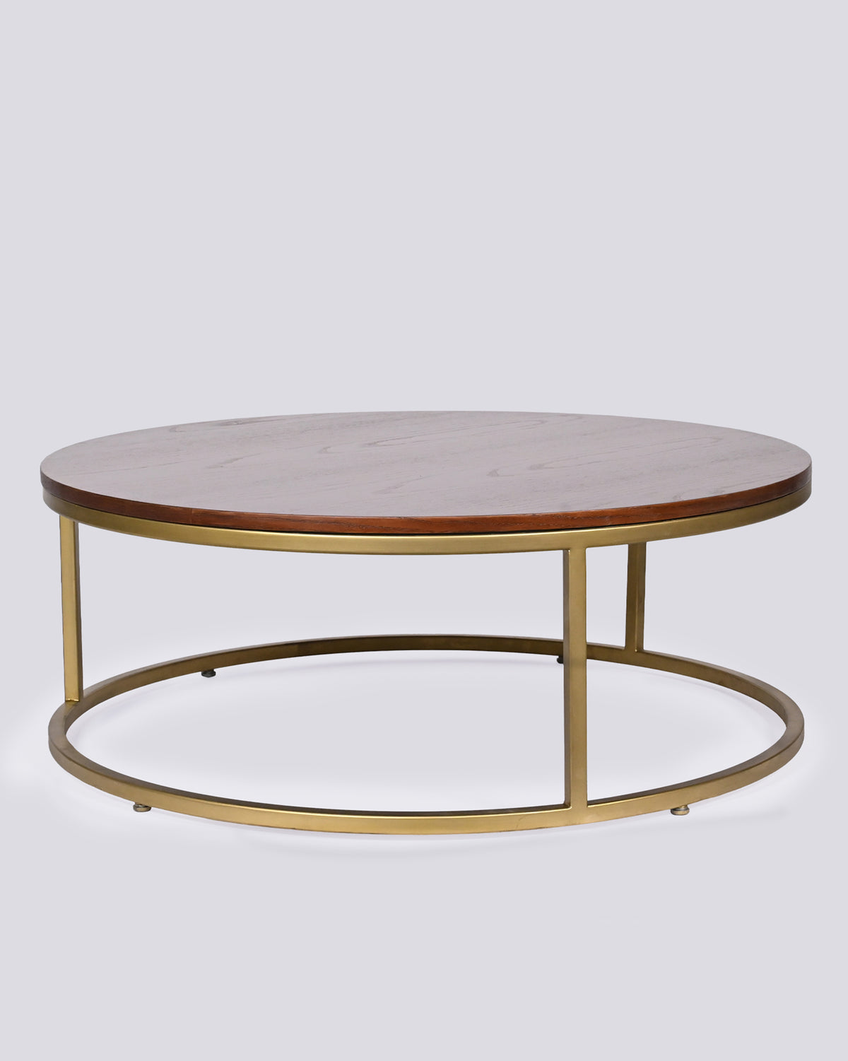 Orbit center table with a round wood top and circular brass base ring.