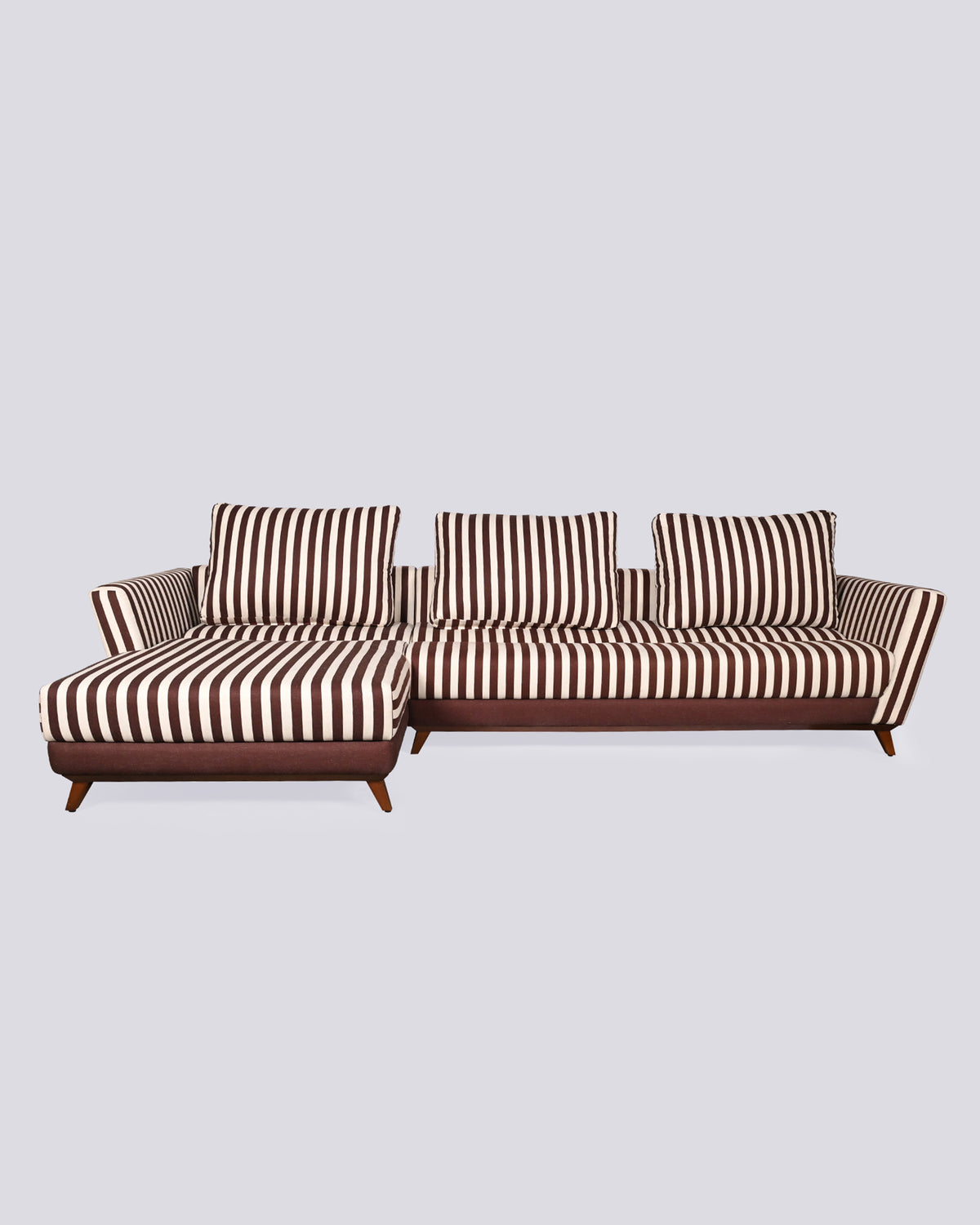 Brown and cream striped Vale sofa sectional with a chaise and tapered wood legs.