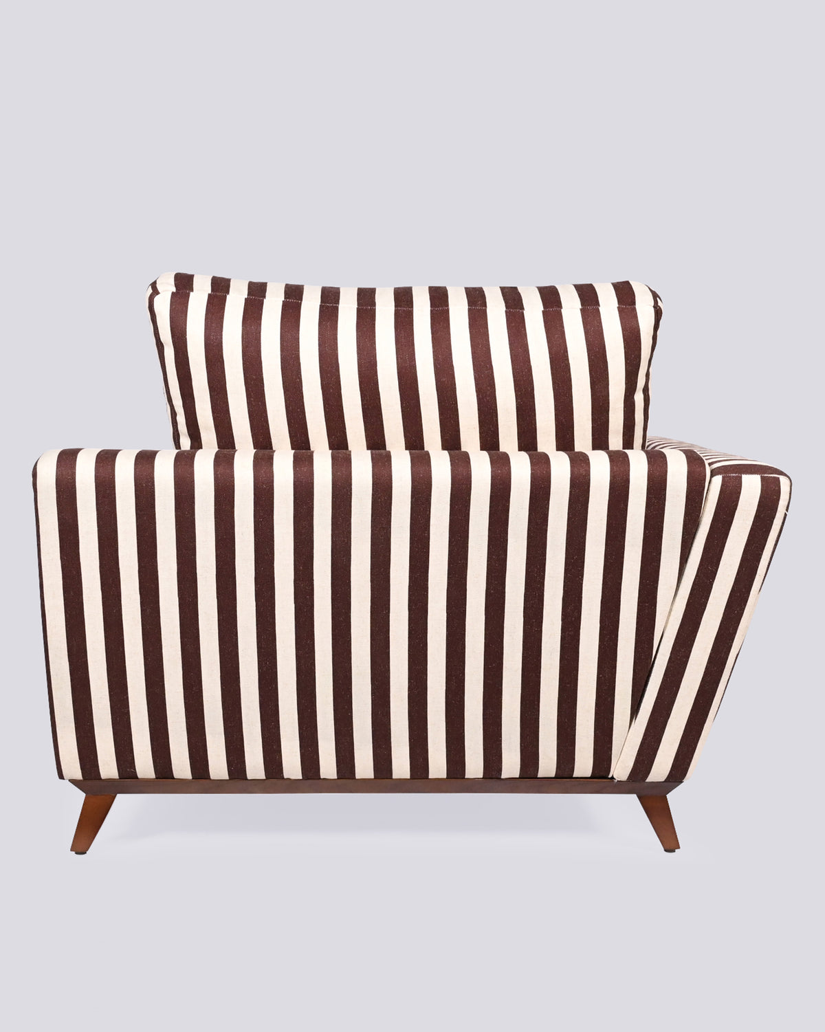 Back of the brown and cream striped Vale sofa with tapered wood legs.